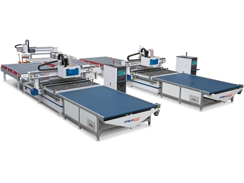Lini Produksi Nesting CNC Otomatis dengan Dua Mesin Router CNC.