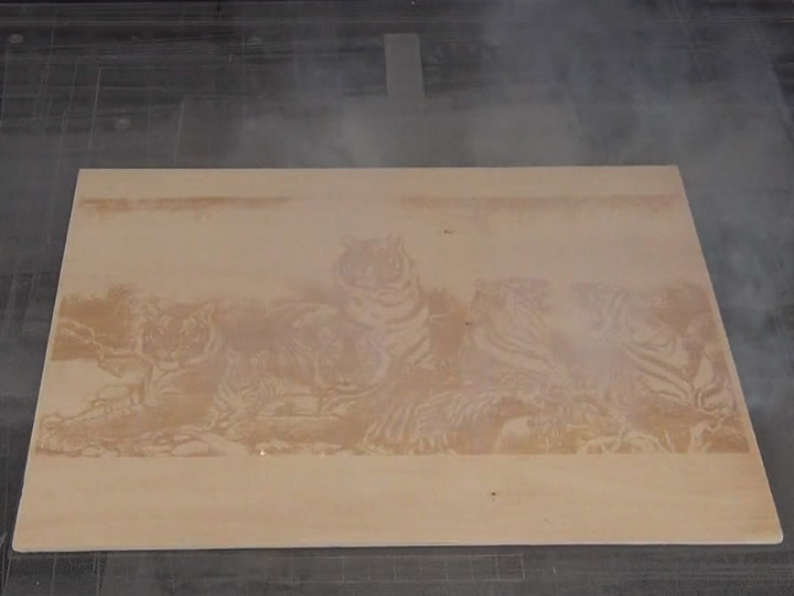 Laser marking tiger on <i><i>wood</i></i> as arts and crafts with high speed by CO2 <i><i>laser</i></i> marking machine Laser marking tiger on <i><i>wood</i></i> as arts and crafts with high speed by CO2 <i><i>laser</i></i> marking machine