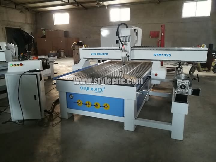 STM1325 CNC router machine with 4 axis rotary on side
